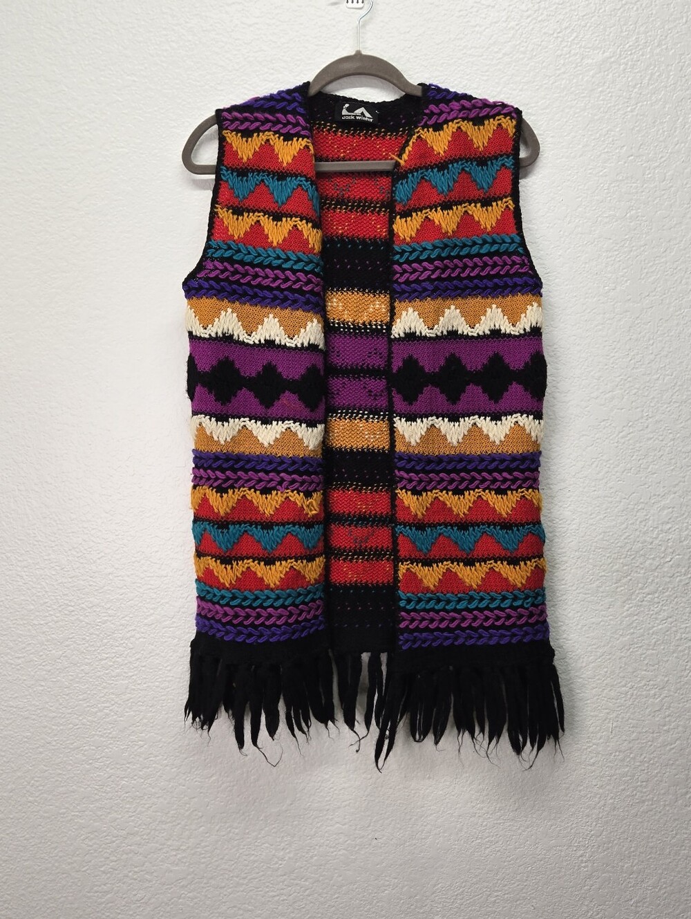 VTG Jack Winter Sweater Vest Open Front Fringe Aztec Geometric Rainbow Boho Sm